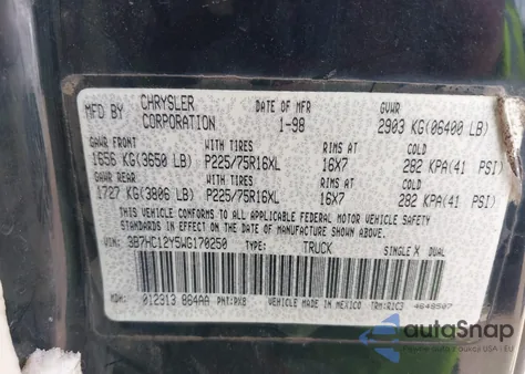 1998 Dodge Ram 1500 St z USA, uszkodzony, nr VIN 3B7HC12Y5WG170250